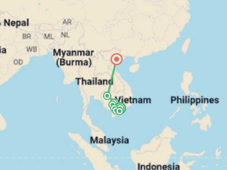 Map itinerary of Hanoi Tour in September 2026 with 9 destination visits for the trip: Timeless Wonders of Vietnam, Cambodia & the Mekong (2026)