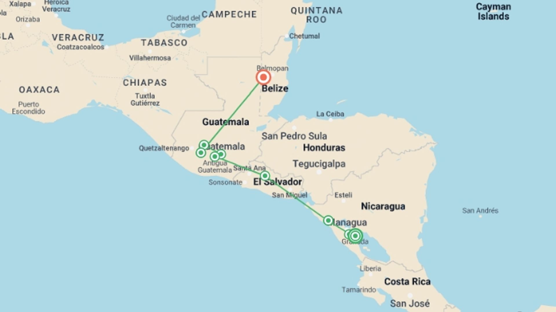 A map showing the tour itinerary for the trip: Central America Uncovered - 19 days, starting in Granada, Costa Rica and ending in San Ignacio, Belize going through 6 other destinations.