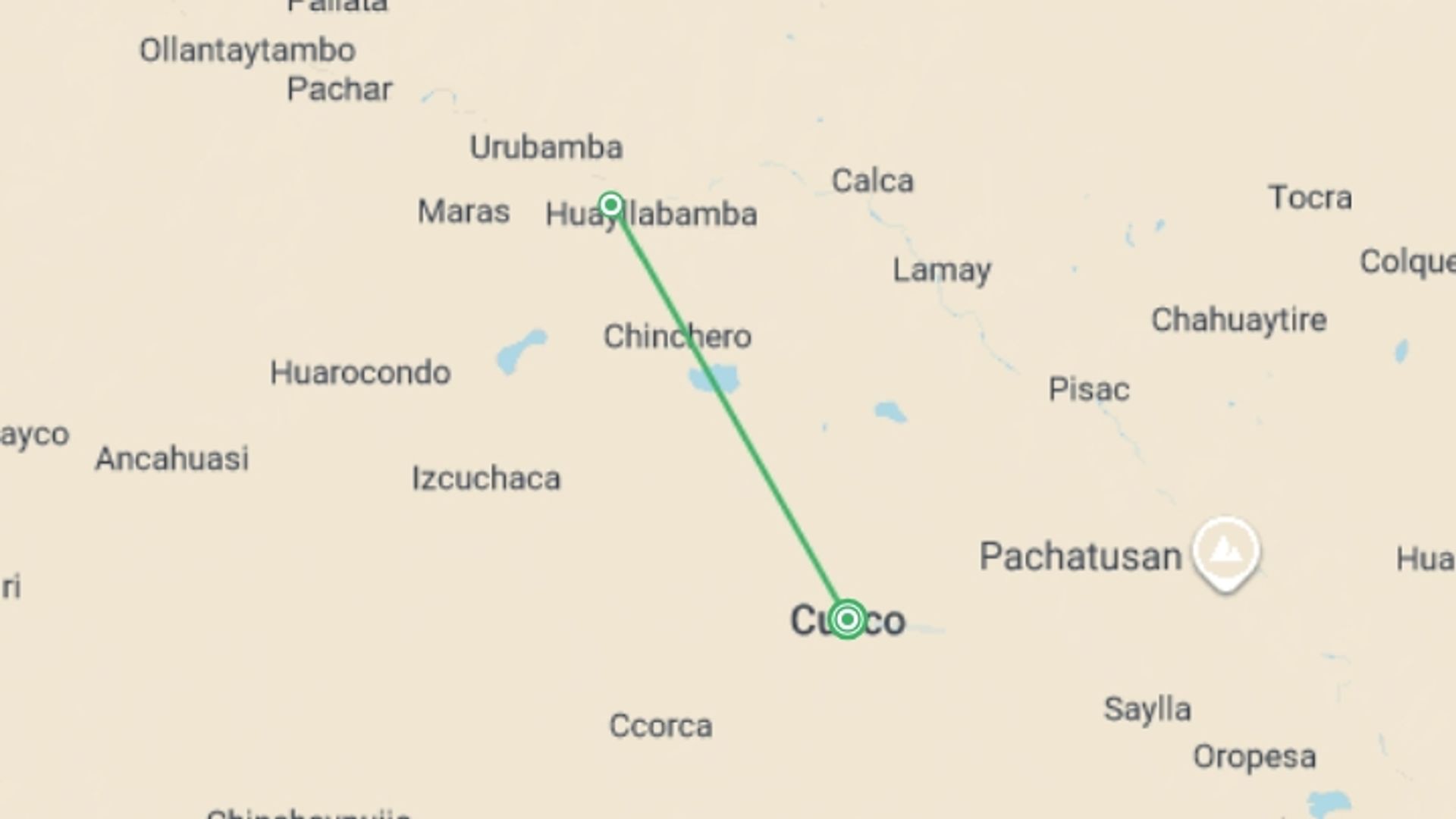 A map showing the tour itinerary for the trip: 2-day Private Sacred Valley Experience: Waterfall, Hummingbirds & Chinchero, starting in Cusco, Peru and ending in Cusco, Peru going through 1 other destinations.