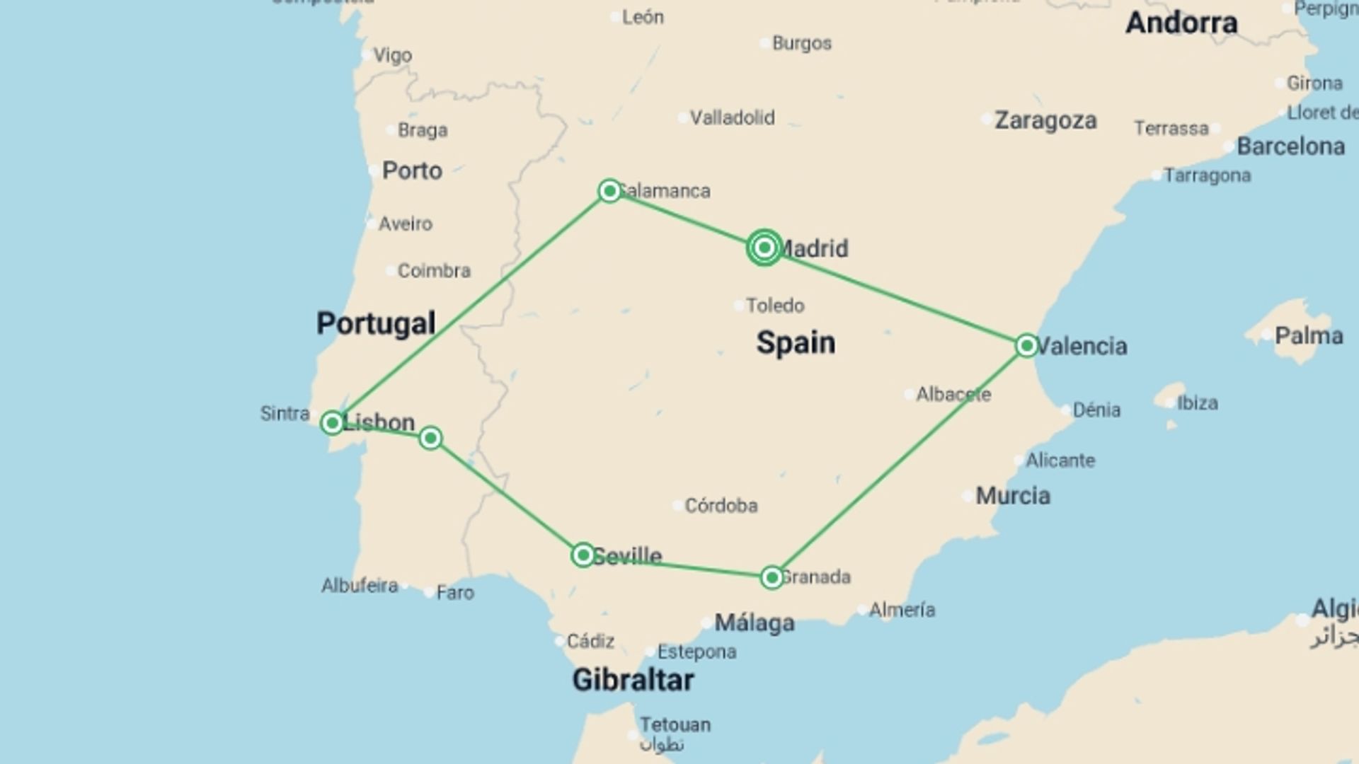 A map showing the tour itinerary for the trip: Highlights of Spain and Portugal, starting in Madrid, Spain and ending in Madrid, Spain going through 6 other destinations.