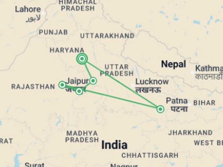 Map itinerary of India Tour in Spring with 4 destination visits for the trip: Delhi, Palaces, Ganges - 10 days
