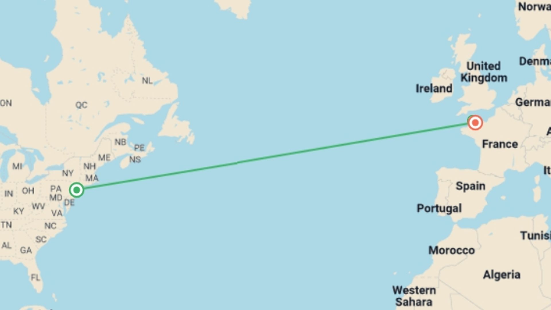 A map showing the tour itinerary for the trip: Walking in Jersey, Guernsey and Sark, starting in New York, USA and ending in Jersey, England going through 1 other destinations.