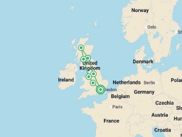 Map itinerary of Europe Tour in April 2027 with 7 destination visits for the trip: England and Scotland Heritage