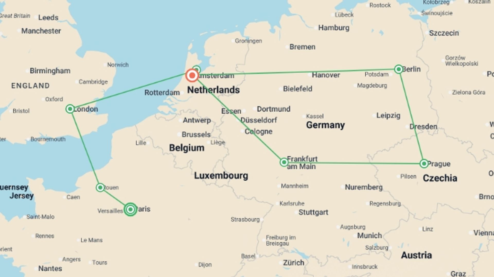 A map showing the tour itinerary for the trip: Round Europe, starting in Paris, France and ending in Amsterdam, Holland going through 6 other destinations.