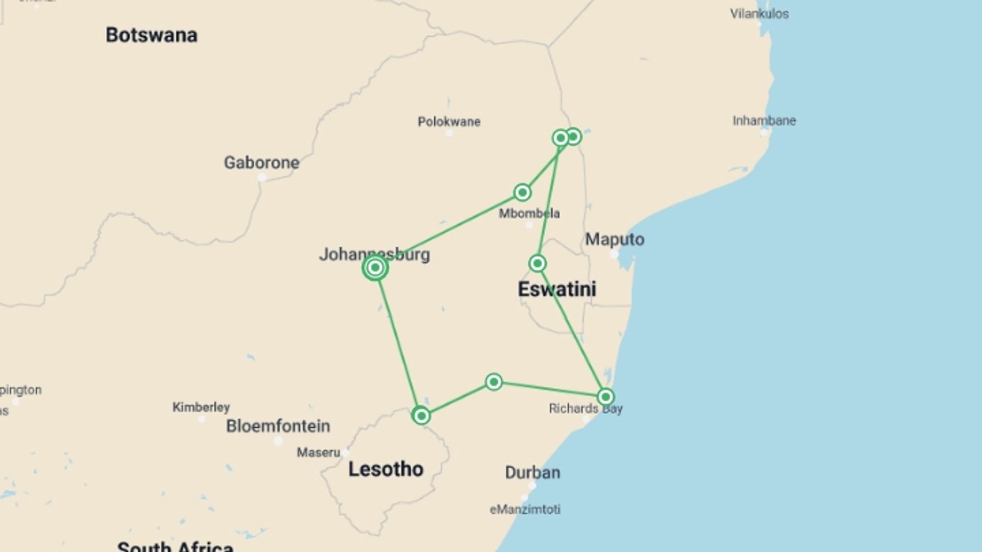 A map showing the tour itinerary for the trip: South Africa: Walking & Wildlife, starting in Johannesburg, South Africa and ending in Johannesburg, South Africa going through 8 other destinations.