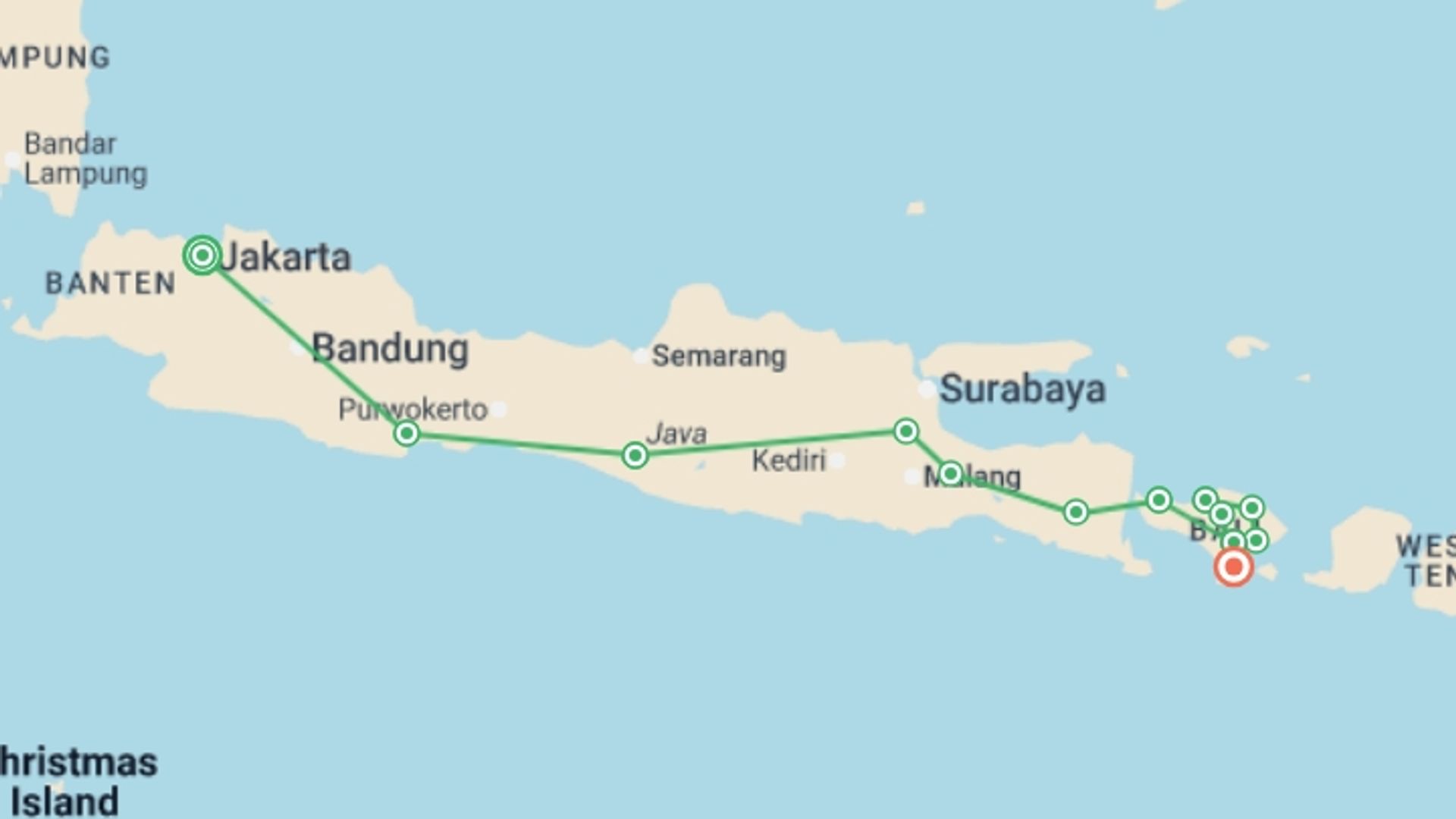 A map showing the tour itinerary for the trip: Java & Bali Explorer, starting in Jakarta, Indonesia and ending in Sanur, Indonesia going through 11 other destinations.