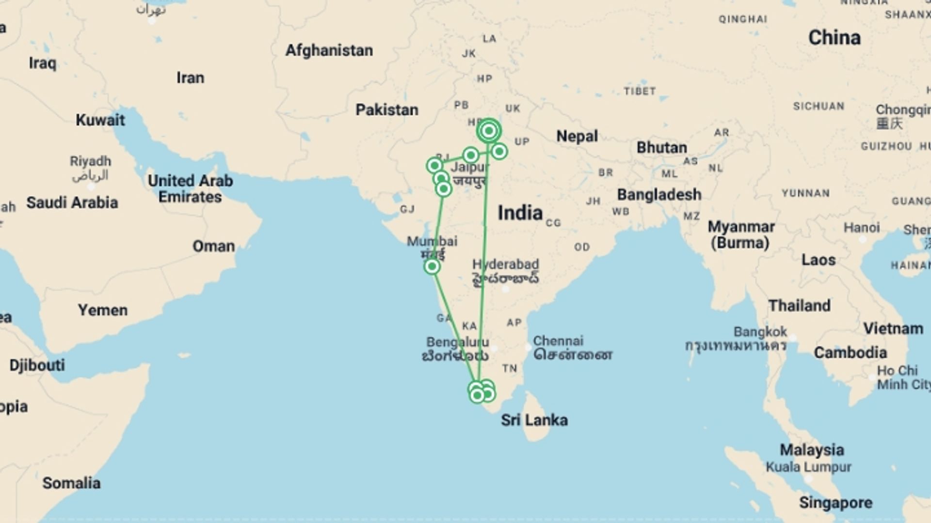 A map showing the tour itinerary for the trip: Golden Triangle, Rajasthan & Kerala: 21-Day Tour, starting in New Delhi, India and ending in New Delhi, India going through 9 other destinations.