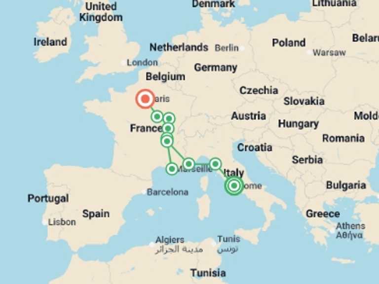 Map of Europe Tour with 6 destination visits for the trip: Rome and Best of France