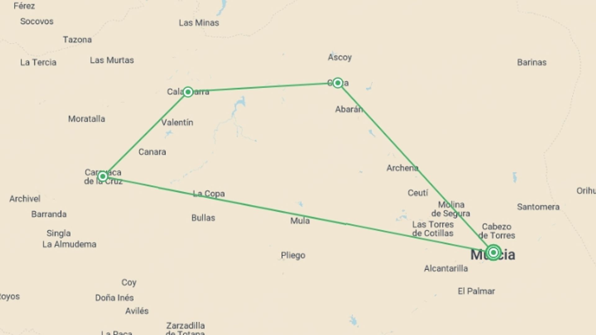 A map showing the tour itinerary for the trip: Cycle Southern Spain - Murcia, starting in Murcia, Spain and ending in Murcia, Spain going through 4 other destinations.