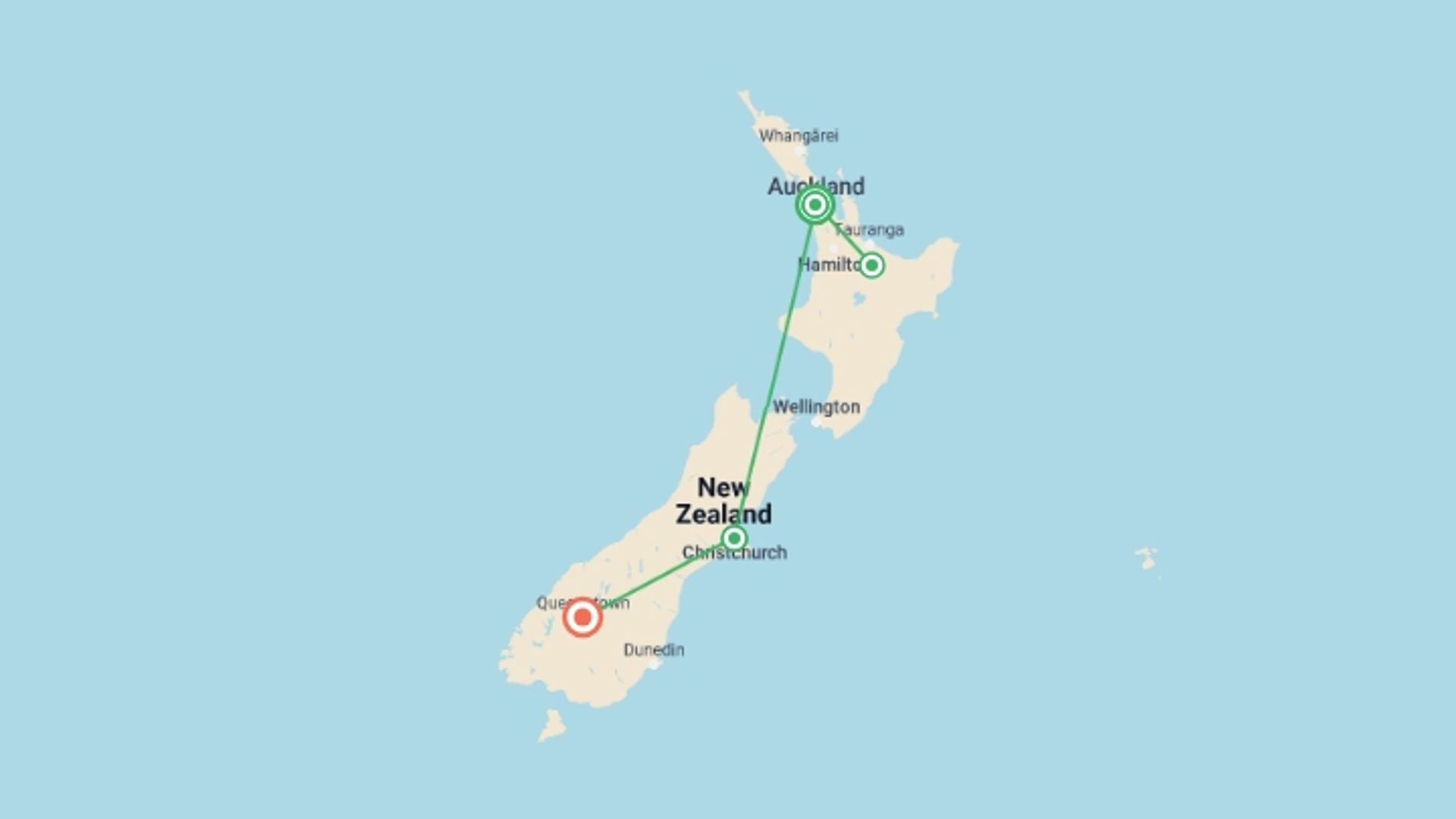 A map showing the tour itinerary for the trip: New Zealand Explorer, starting in Auckland, New Zealand and ending in Queenstown, New Zealand going through 2 other destinations.