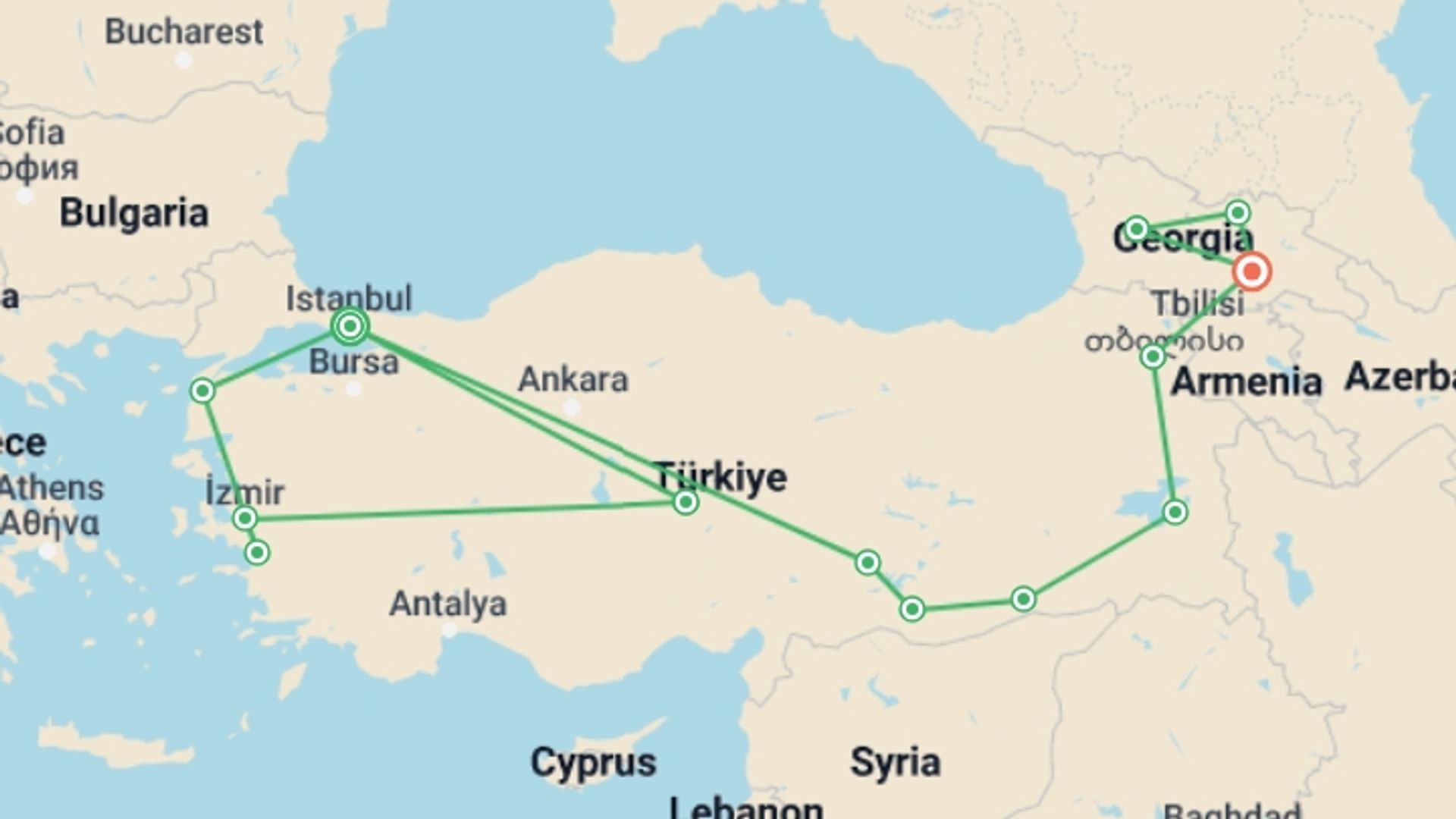 A map showing the tour itinerary for the trip: Turkey to Georgia Highlights, starting in Istanbul, Turkey and ending in Tbilisi, Georgia going through 11 other destinations.