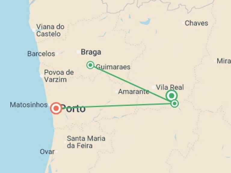 Map itinerary of Portugal Tour in September 2026 with 4 destination visits for the trip: Douro Rambler