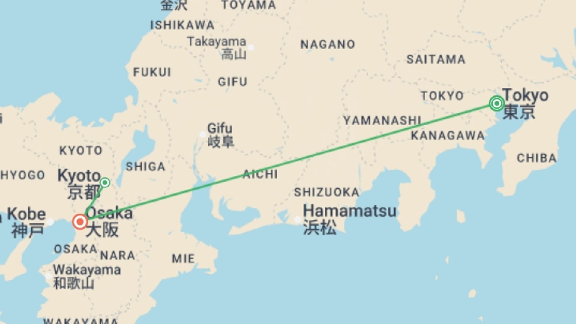 A map showing the tour itinerary for the trip: Tokyo, Osaka & Kyoto Discovery - 9 days, starting in Tokyo, Japan and ending in Osaka, Japan going through 0 other destinations.