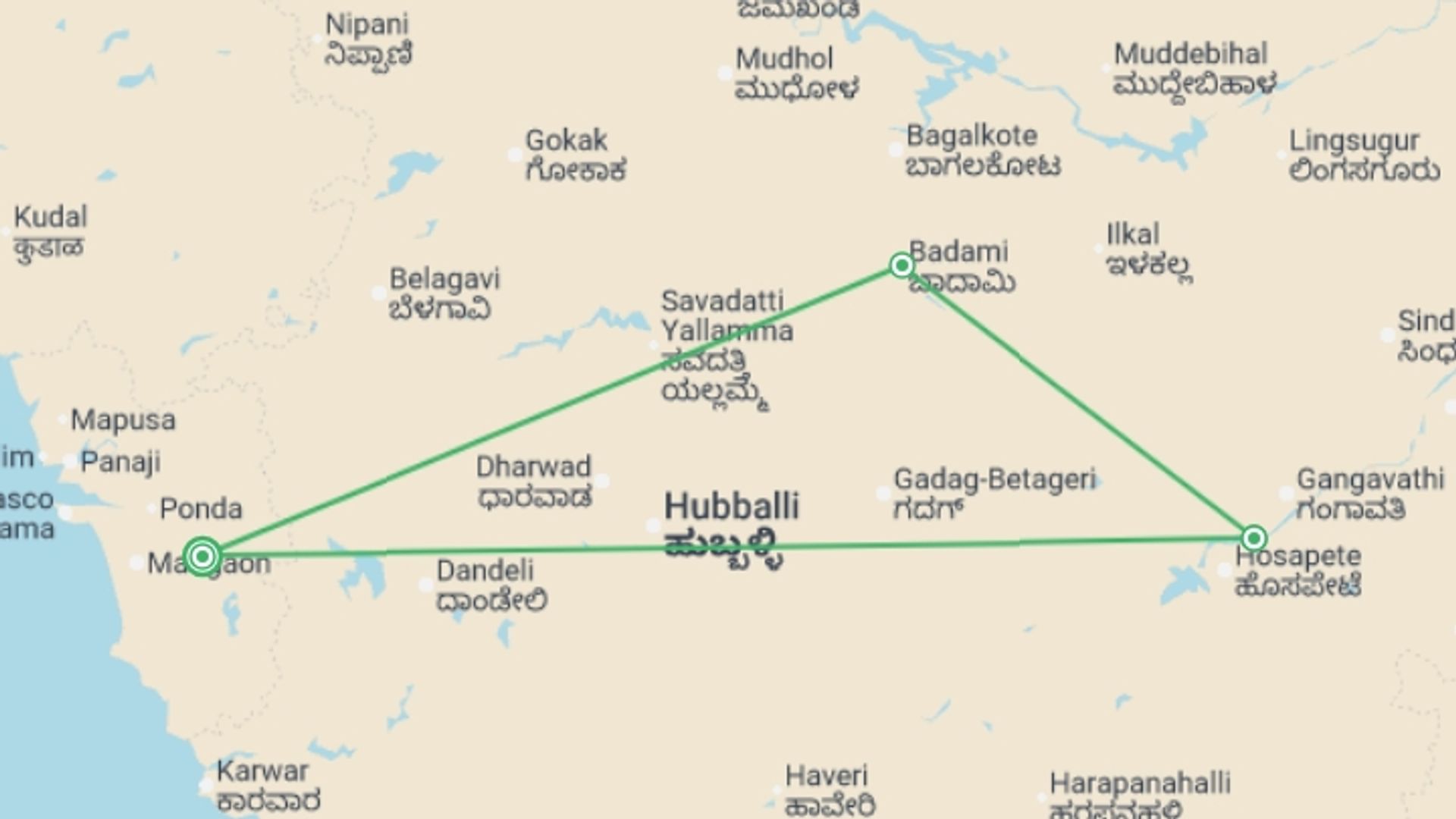 A map showing the tour itinerary for the trip: Hampi - 4 days, starting in Goa, India and ending in Goa, India going through 2 other destinations.