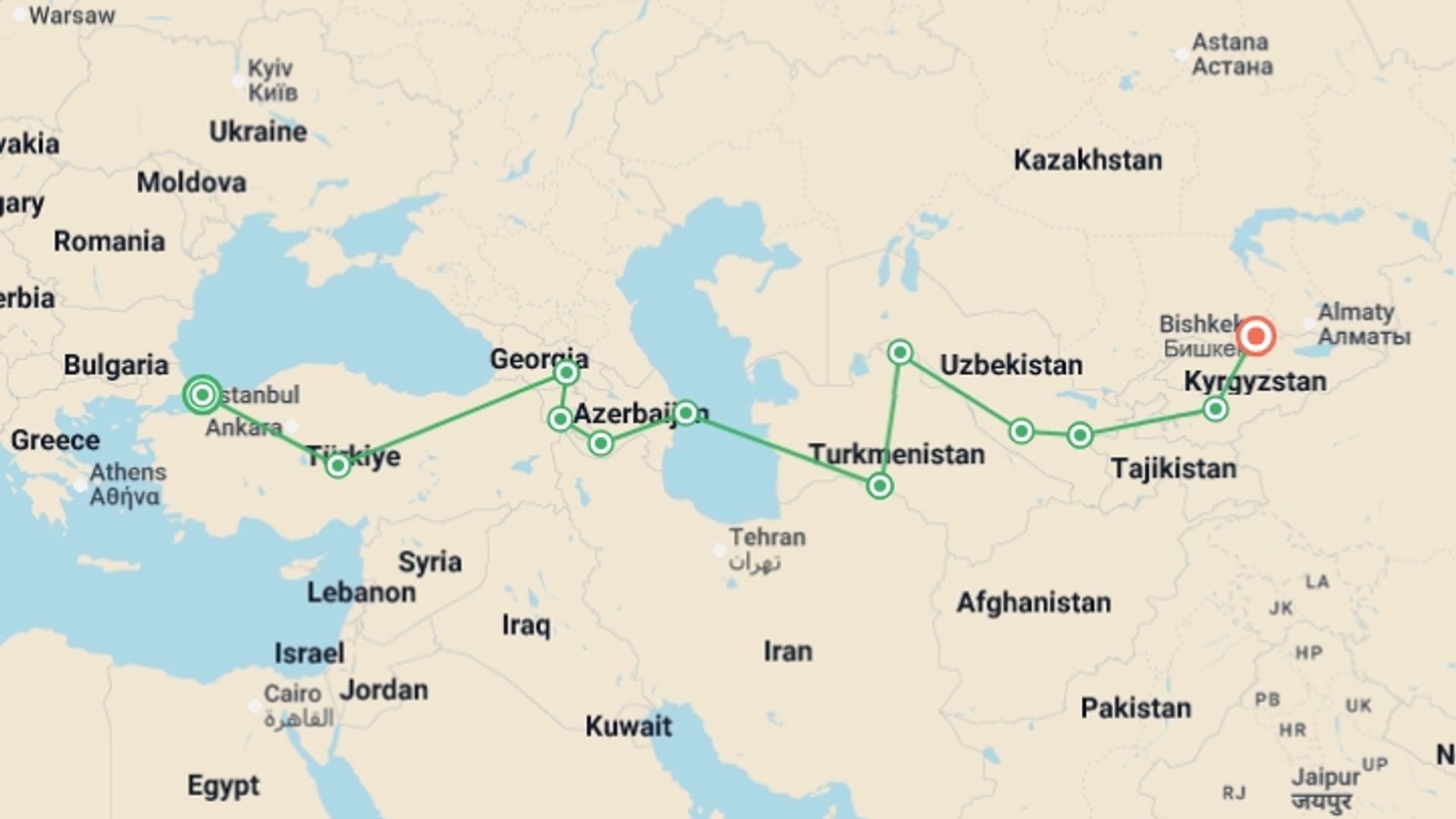 A map showing the tour itinerary for the trip: Istanbul To Bishkek (74 Days), starting in Istanbul, Turkey and ending in Bishkek, Kyrgyzstan going through 10 other destinations.