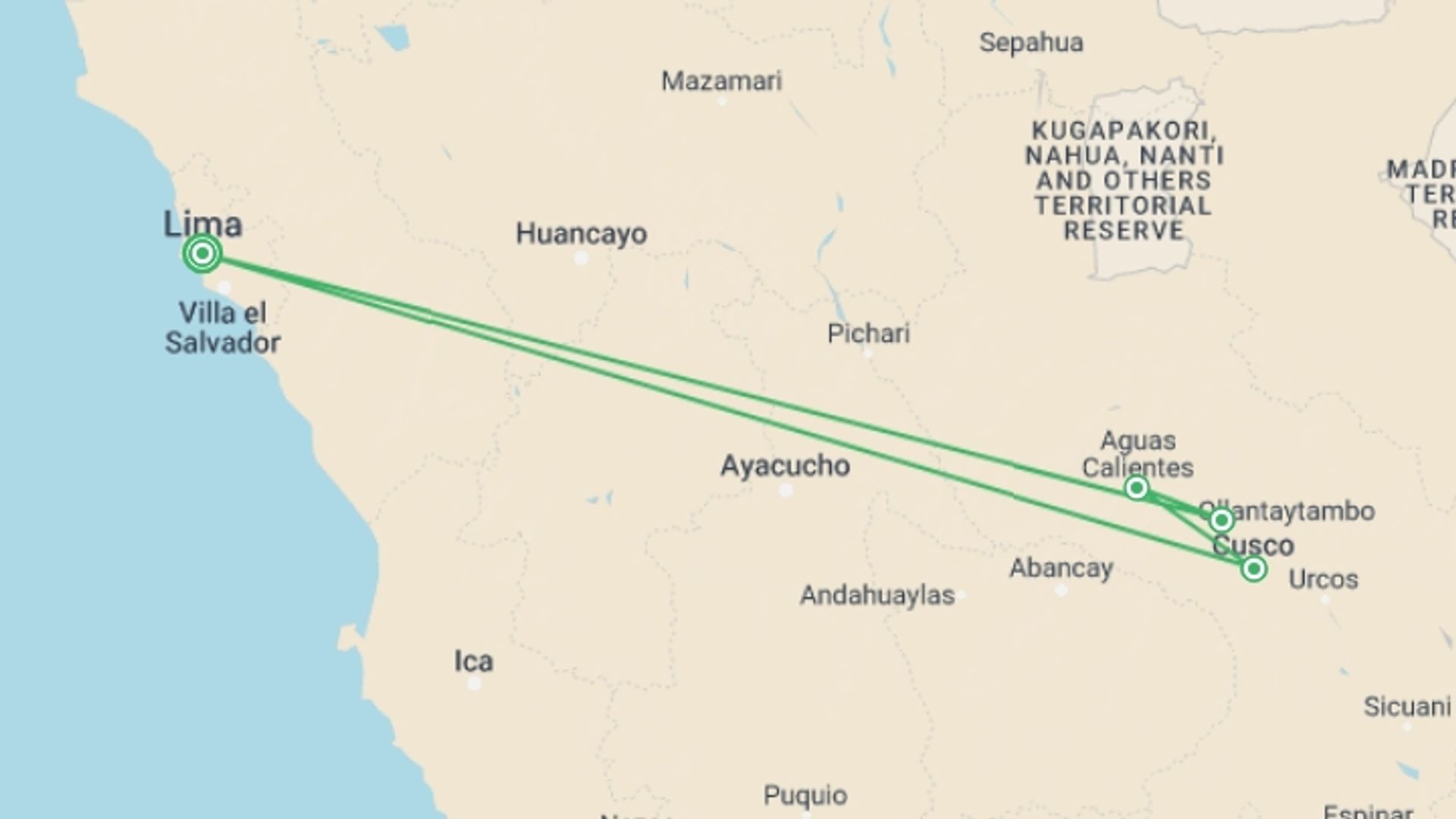 A map showing the tour itinerary for the trip: Journeys: Explore Machu Picchu, starting in Lima, Peru and ending in Lima, Peru going through 3 other destinations.