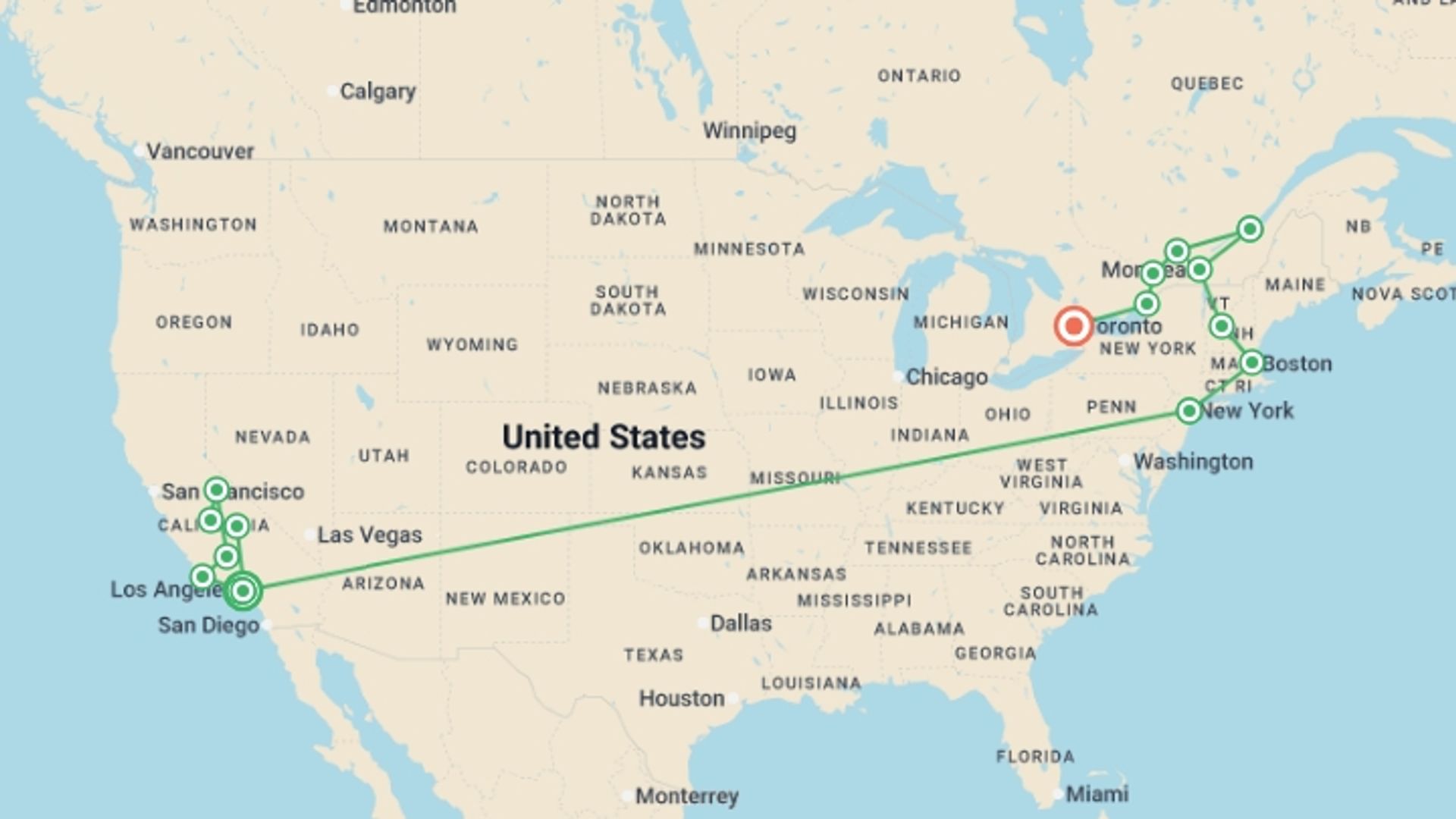 A map showing the tour itinerary for the trip: Usa and Canada Panorama, starting in Los Angeles, USA and ending in Toronto, Canada going through 7 other destinations.