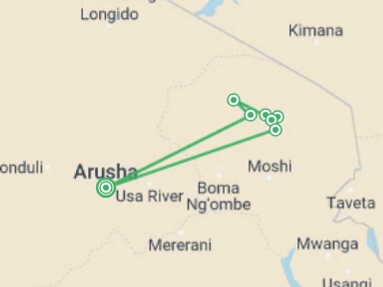 Map of 7-Day Arusha Tour with 8 destination visits for the trip: Seven Day Kilimanjaro Climb: Machame Route