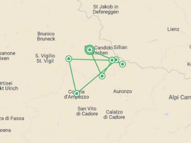 Map itinerary of Mediterranean Tour in July 2026 with 6 destination visits for the trip: Walks in the Italian Dolomites
