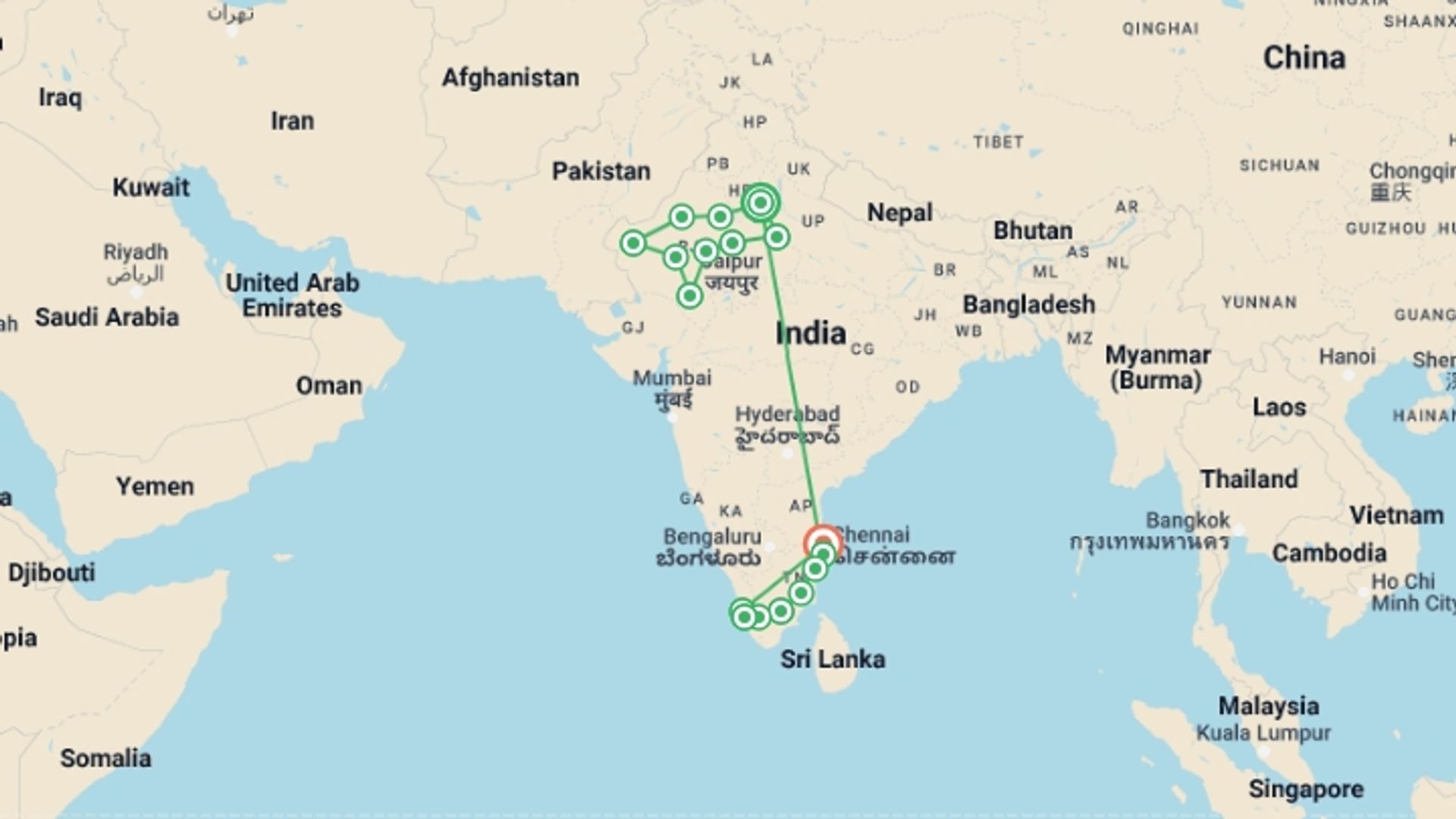 A map showing the tour itinerary for the trip: Great India, starting in New Delhi, India and ending in Chennai, India going through 16 other destinations.