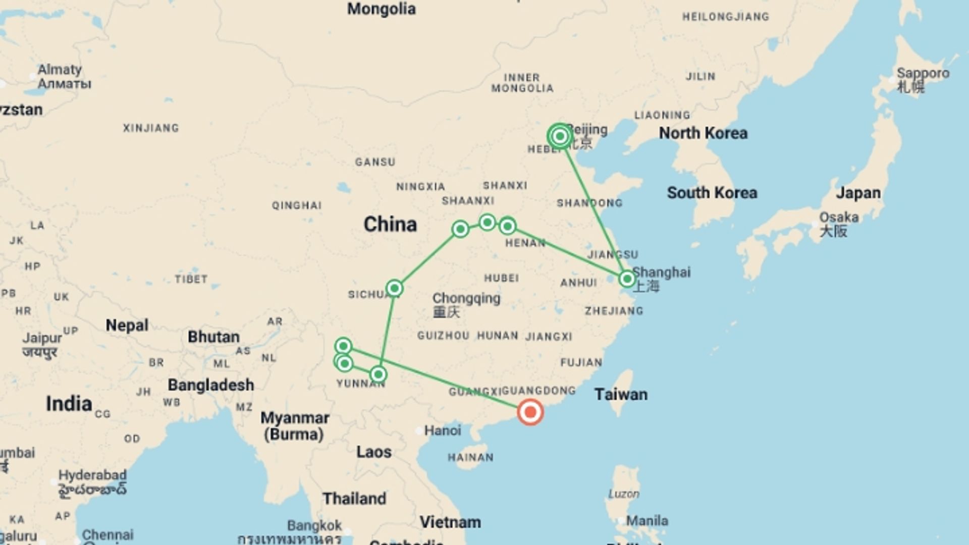 A map showing the tour itinerary for the trip: Yunnan: A Journey to Hidden Treasures, starting in Beijing, China and ending in Hong Kong, Hong Kong going through 7 other destinations.