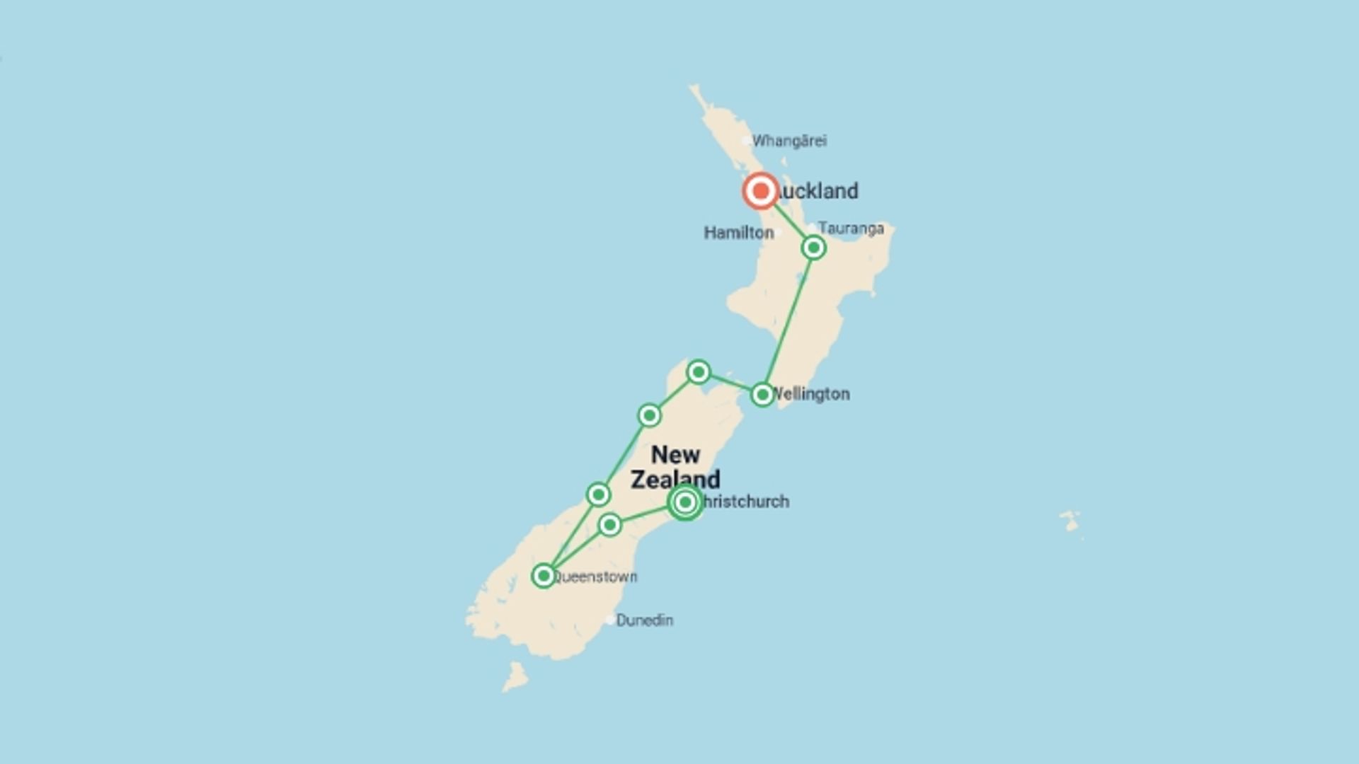 A map showing the tour itinerary for the trip: Epic New Zealand, starting in Christchurch, New Zealand and ending in Auckland, New Zealand going through 7 other destinations.