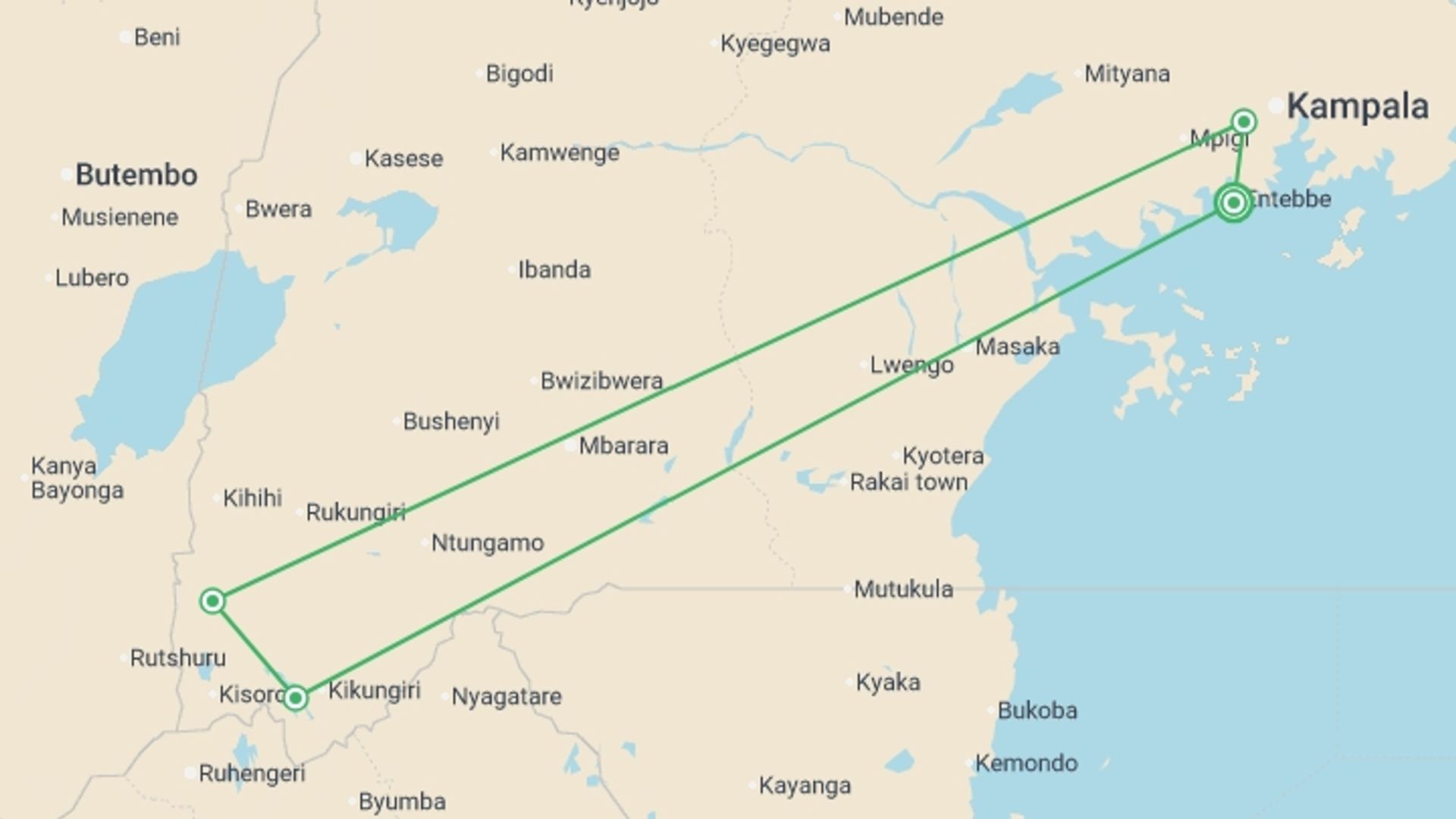 A map showing the tour itinerary for the trip: 5-Day Gorilla Tour and Chimpanzee Tracking in Uganda, starting in Entebbe, Uganda and ending in Entebbe, Uganda going through 5 other destinations.