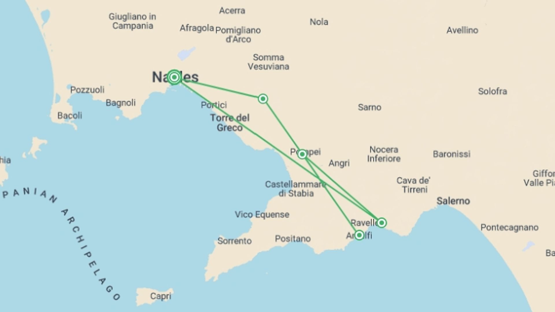 A map showing the tour itinerary for the trip: Family Amalfi Coast Adventure, starting in Naples, Italy and ending in Naples, Italy going through 4 other destinations.