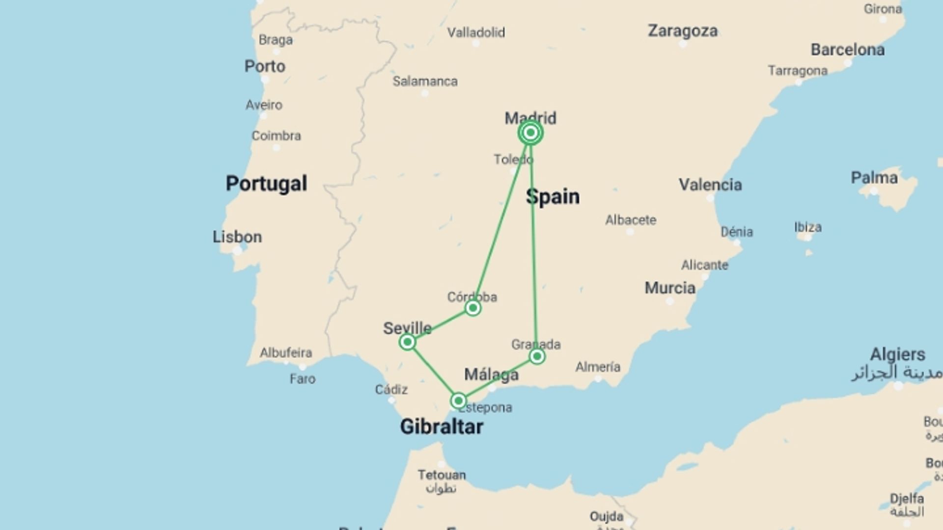 A map showing the tour itinerary for the trip: Treasures of Spain, starting in Madrid, Spain and ending in Madrid, Spain going through 4 other destinations.