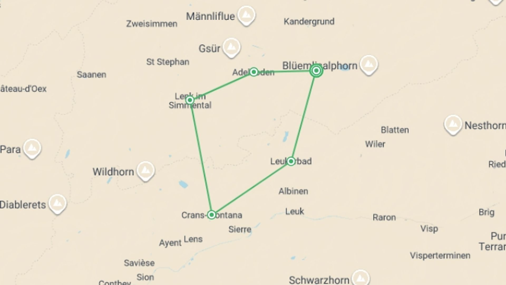 A map showing the tour itinerary for the trip: Kandersteg & the Wildstrubel Circuit, starting in Kandersteg, Switzerland and ending in Kandersteg, Switzerland going through 4 other destinations.