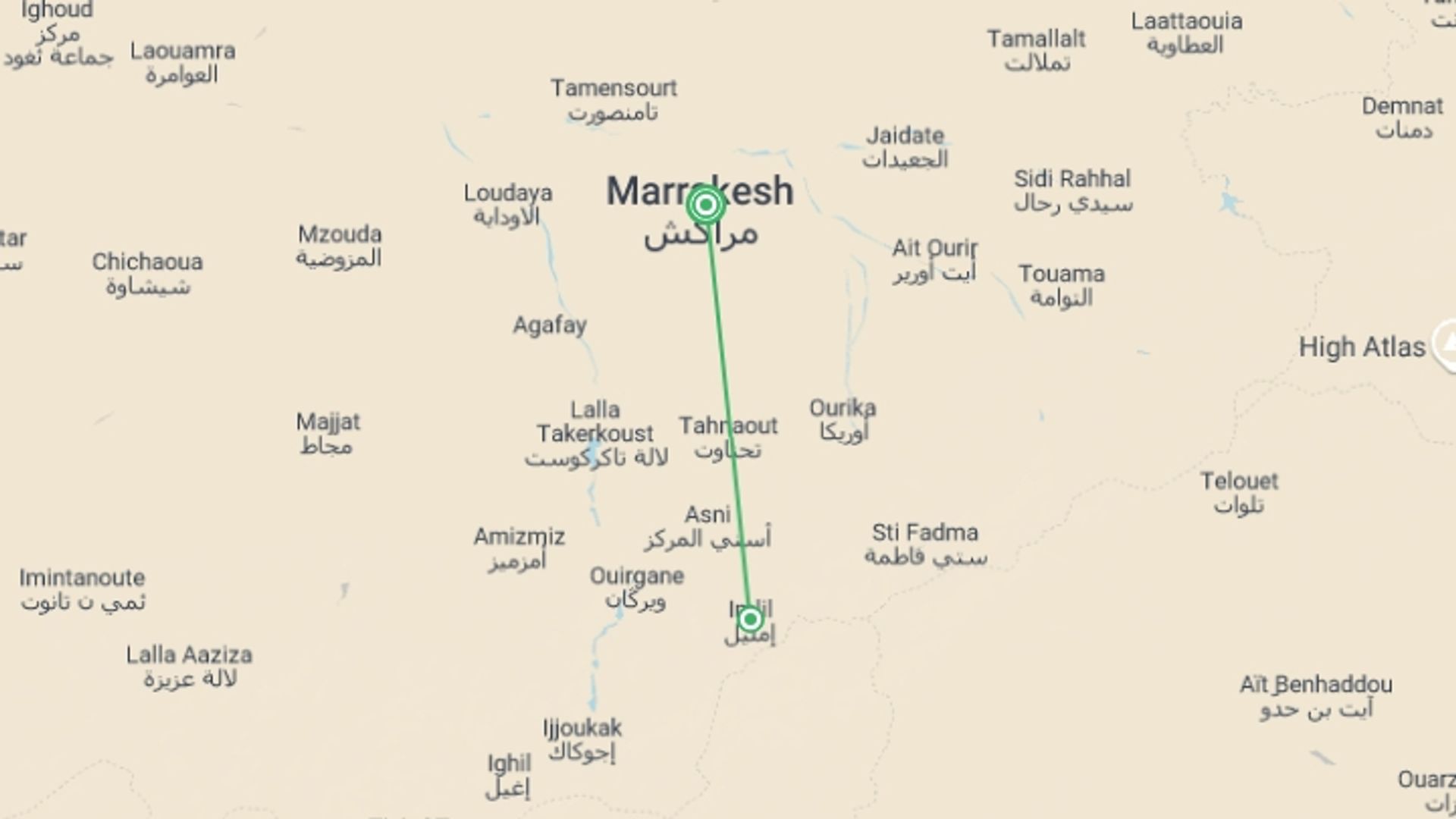 A map showing the tour itinerary for the trip: Toubkal Climb - Long Weekend, starting in Marrakech, Morocco and ending in Marrakech, Morocco going through 1 other destinations.
