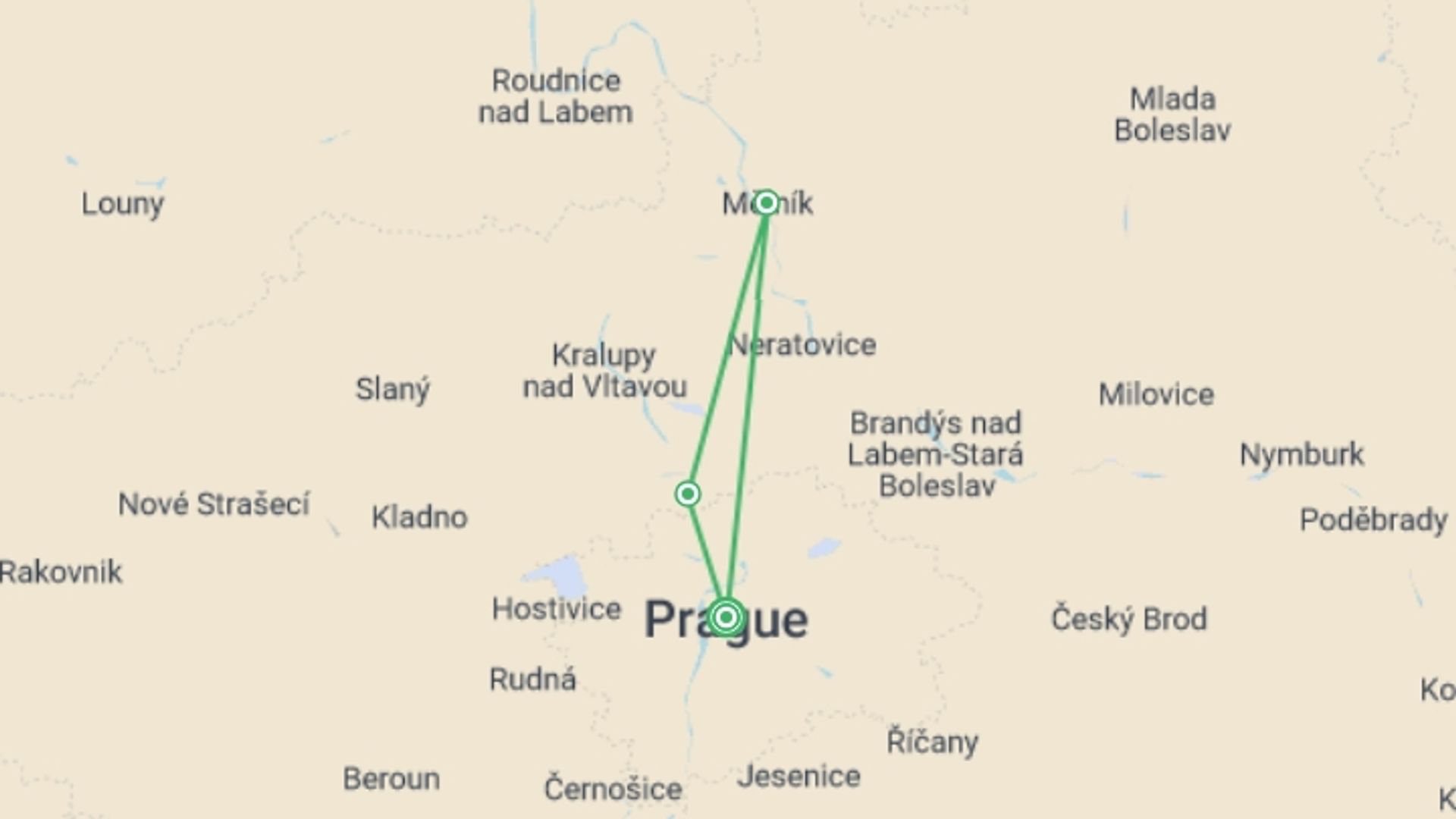 A map showing the tour itinerary for the trip: Holiday Cheer Along the Elbe River (port-to-port cruise), starting in Prague, Czech Republic and ending in Prague, Czech Republic going through 2 other destinations.