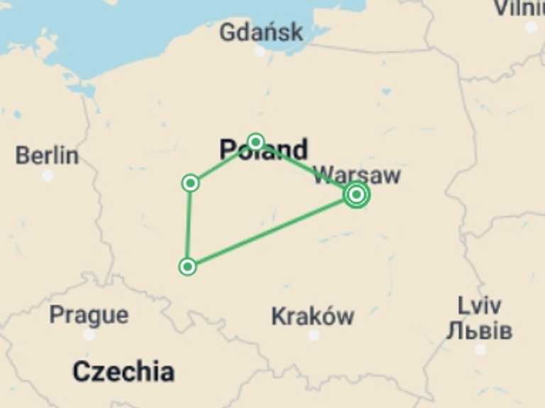 Map of Poland Tour with 2 destination visits for the trip: Essential Poland