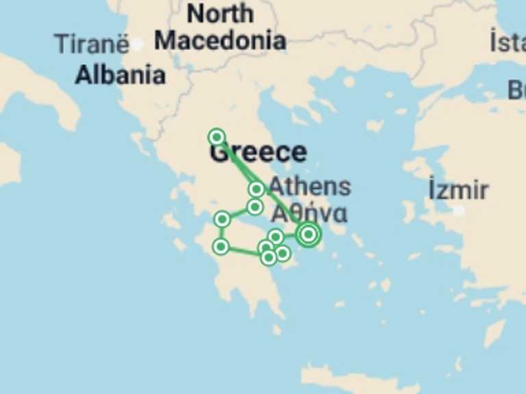 Map of Athens Cultural, religious and historic sites Tour with 5 destination visits for the trip: Classic Greece Luxury Tour
