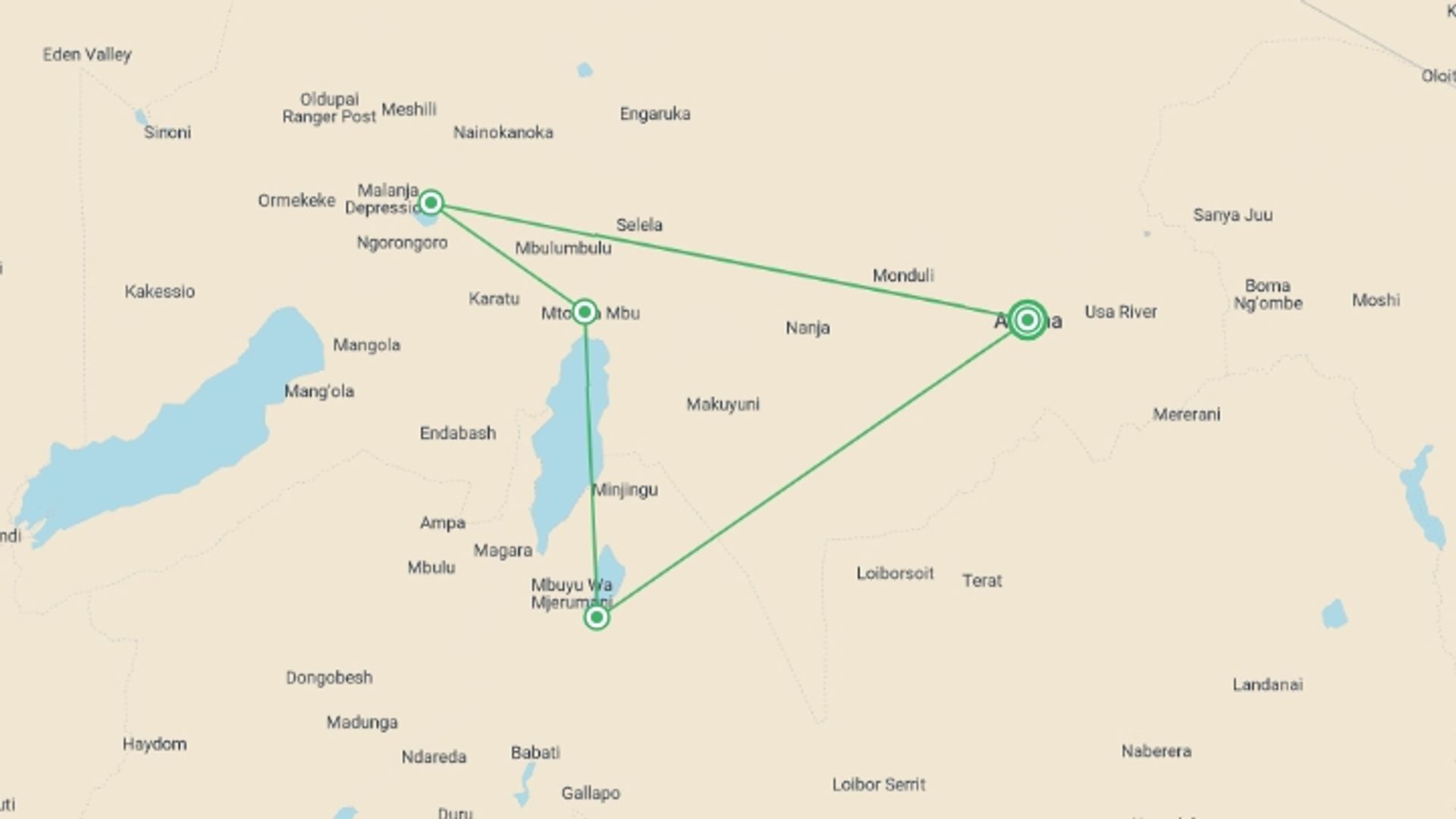 A map showing the tour itinerary for the trip: 3-Day Small-Group Safari: Tarangire, Manyara & Ngorongoro, starting in Arusha, Tanzania and ending in Arusha, Tanzania going through 3 other destinations.