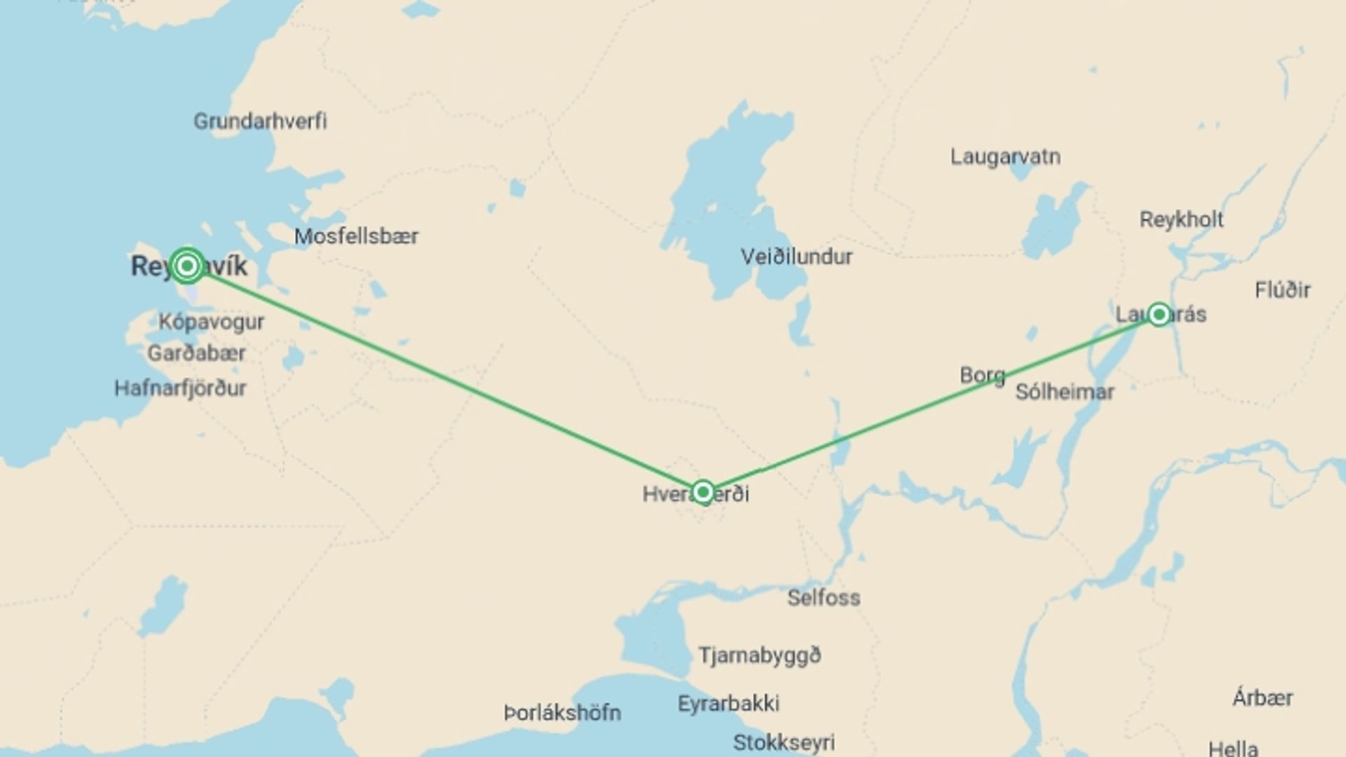 A map showing the tour itinerary for the trip: Iceland's Classic Northern Lights, starting in Reykjavik, Iceland and ending in Reykjavik, Iceland going through 2 other destinations.