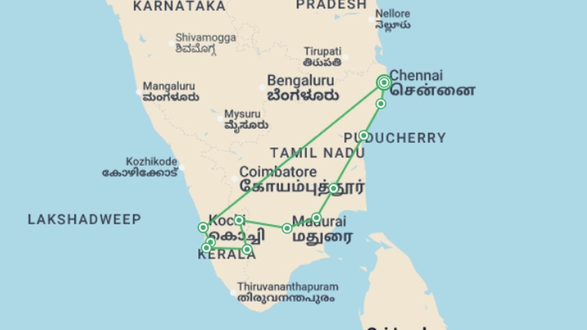 A map showing the tour itinerary for the trip: South India Explorer - 14 days, starting in Chennai, India and ending in Chennai, India going through 6 other destinations.