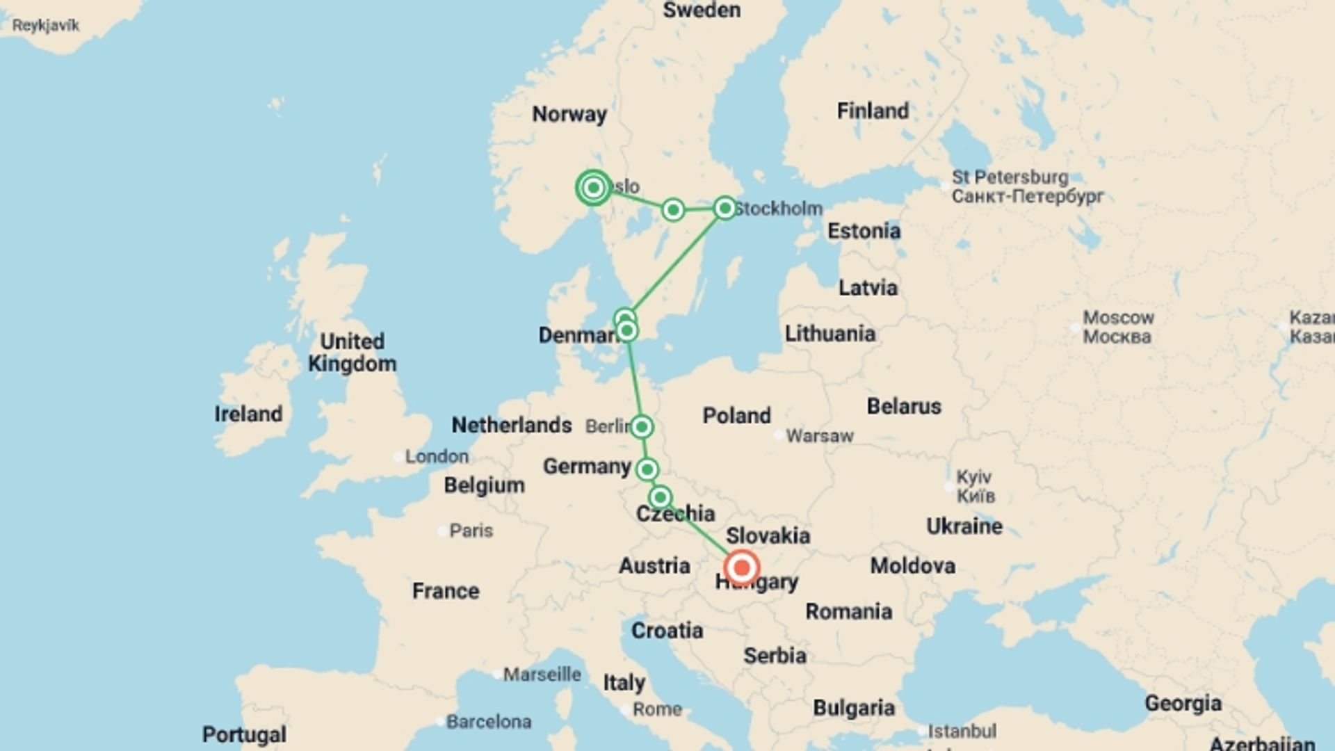 A map showing the tour itinerary for the trip: Scandinavian and Eastern Europe, Ending in Budapest, starting in Oslo, Norway and ending in Budapest, Hungary going through 6 other destinations.