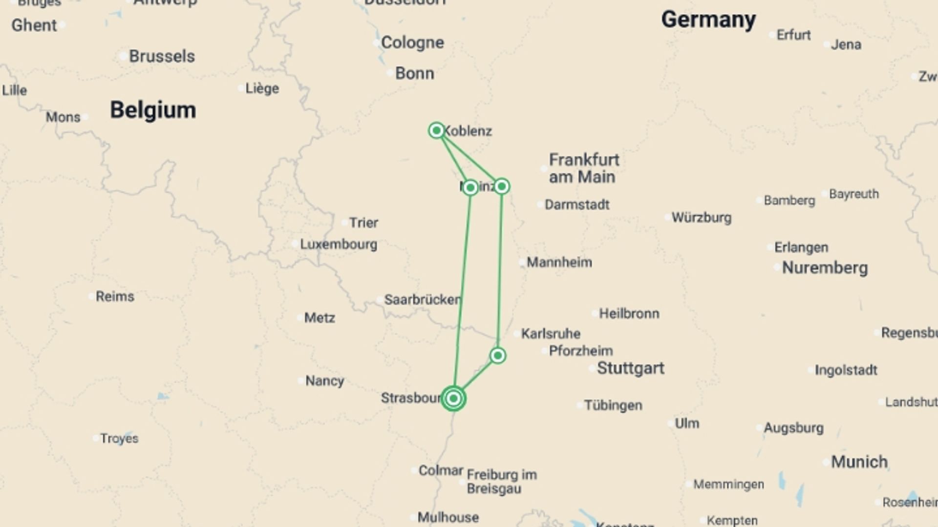 A map showing the tour itinerary for the trip: The romantic Rhine Valley and the rock of the Lorelei (port-to-port cruise), starting in Strasbourg, France and ending in Strasbourg, France going through 4 other destinations.