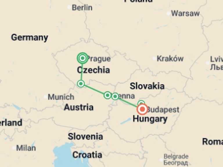 Map of 11-Day Europe Tour with 3 destination visits for the trip: Imperial Cities featuring Prague, Vienna & Budapest