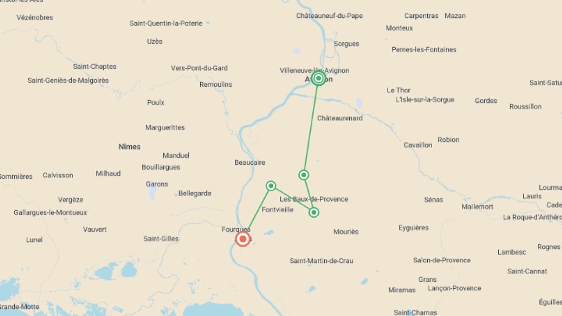 A map showing the tour itinerary for the trip: Walking In Van Gogh's Provence, starting in Avignon, France and ending in Arles, France going through 3 other destinations.