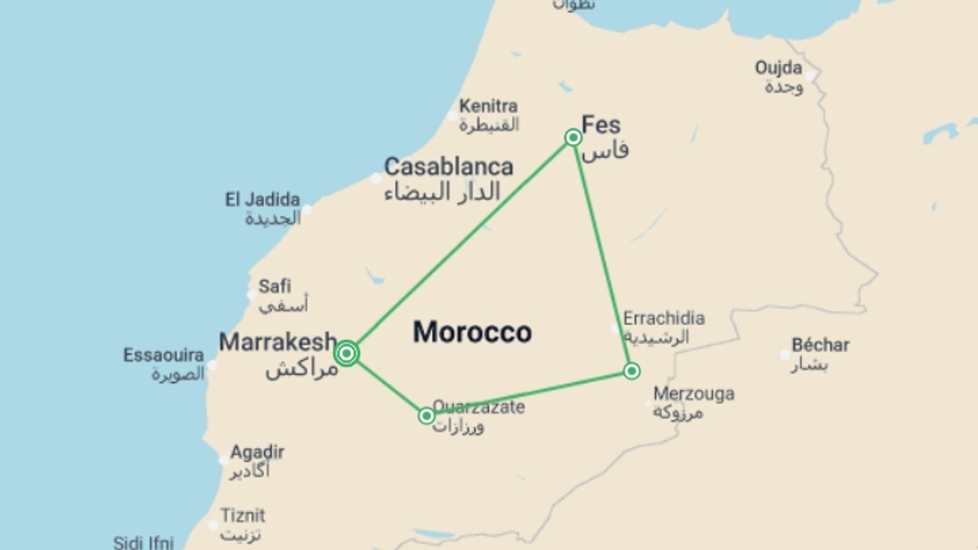 A map showing the tour itinerary for the trip: Imperial Morocco & Middle Atlas - 8 days, starting in Marrakech, Morocco and ending in Marrakech, Morocco going through 3 other destinations.