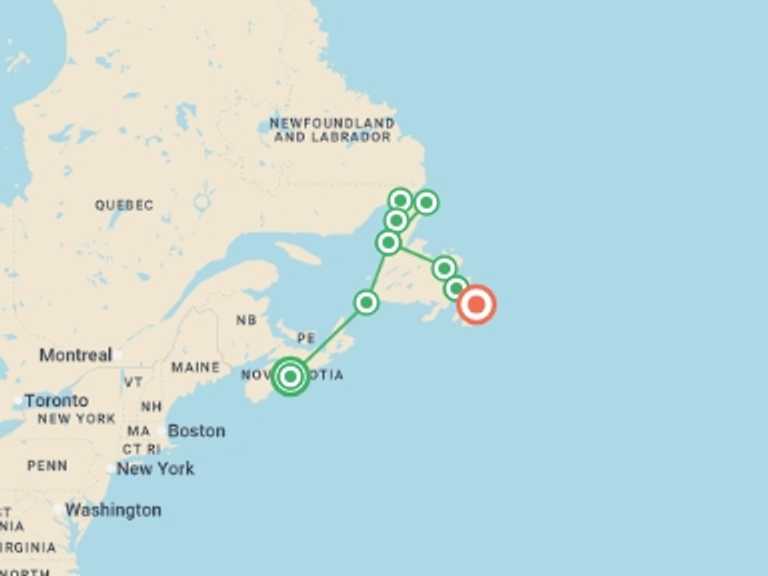 Map of 13-Day Canada Tour with 9 destination visits for the trip: Nova Scotia to Newfoundland - 13 days