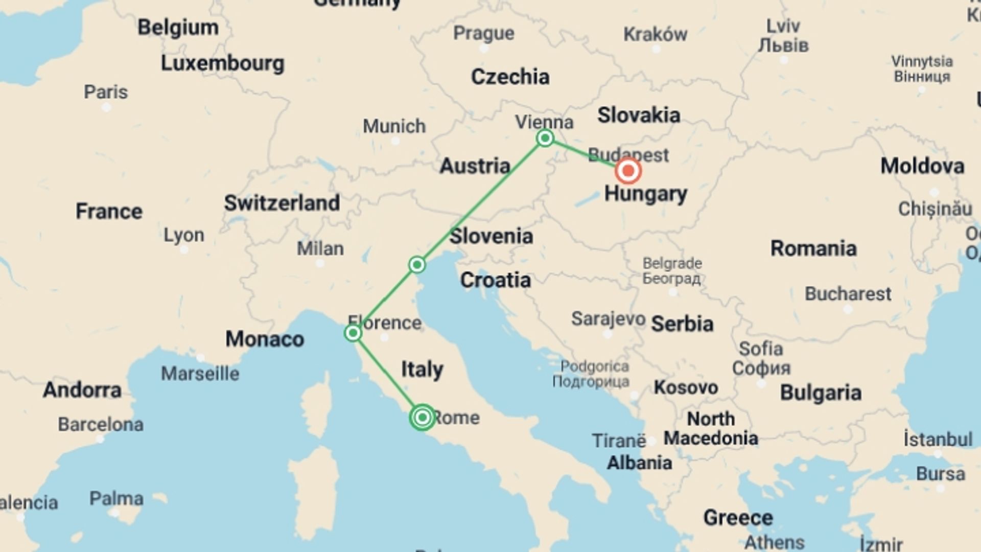 A map showing the tour itinerary for the trip: Rome to Budapest: Canals & Capitals, starting in Rome, Italy and ending in Budapest, Hungary going through 3 other destinations.