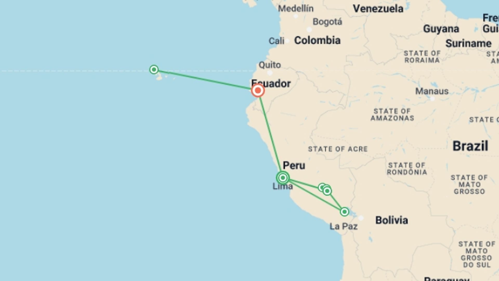 A map showing the tour itinerary for the trip: Peru & Galapagos Discovery - 15 Days, starting in Lima, Peru and ending in Guayaquil, Ecuador going through 5 other destinations.
