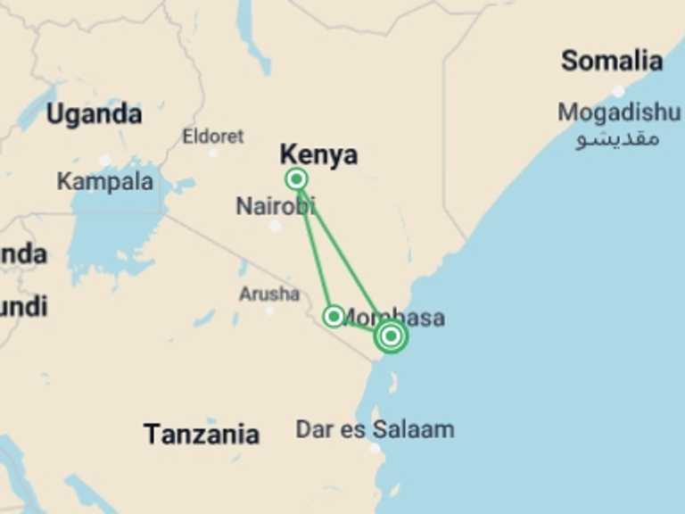Map of Kenya Tour with 3 destination visits for the trip: Safari To The Shimba Hills, Ngutuni & Salt Lick, Short Break (on Request)