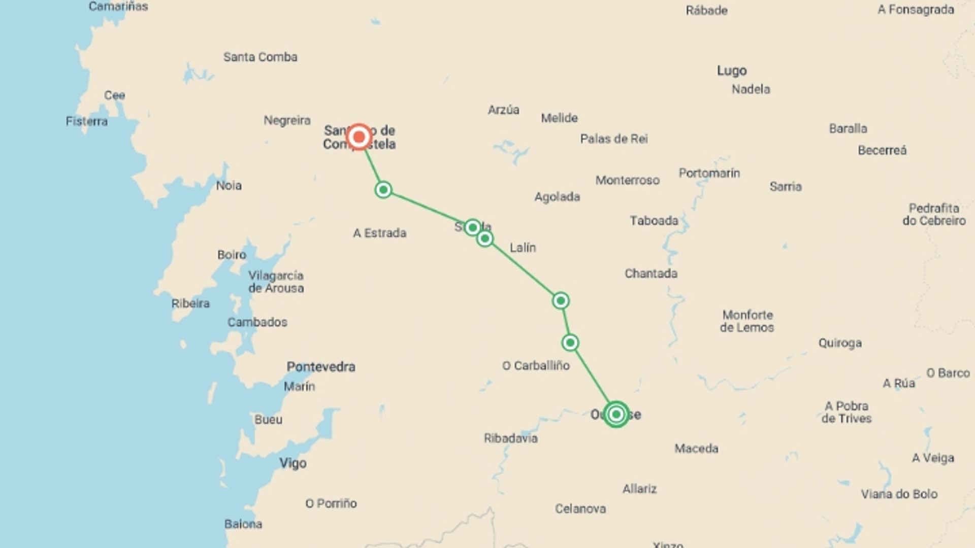 A map showing the tour itinerary for the trip: Camino Sanabrés to Santiago, starting in Ourense, Spain and ending in Santiago De Compostela, Spain going through 4 other destinations.