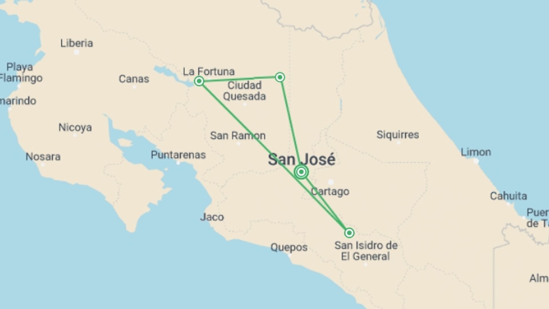 A map showing the tour itinerary for the trip: Costa Rica Birdwatching (on Request), starting in San Jose, Costa Rica and ending in San Jose, Costa Rica going through 3 other destinations.