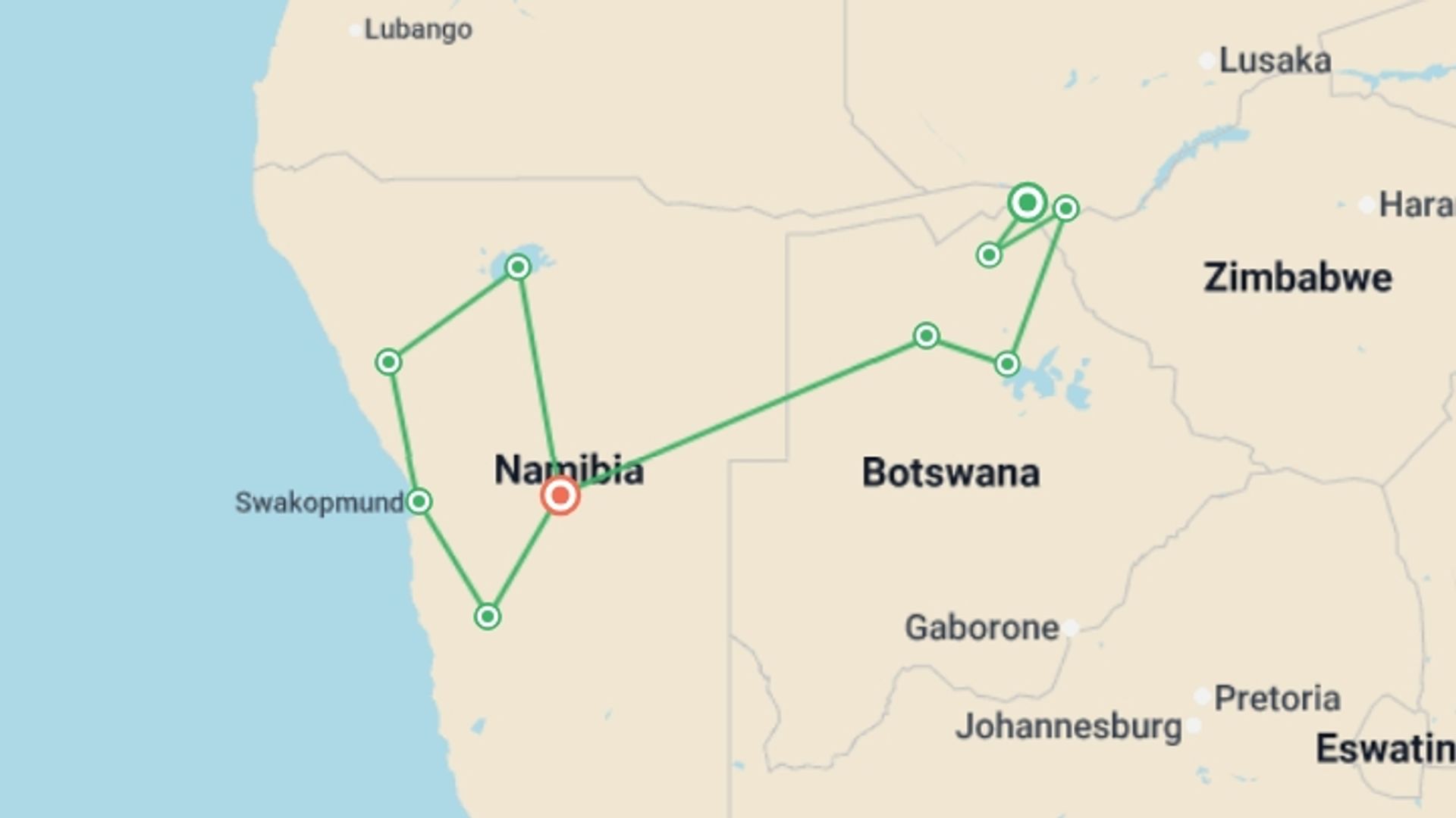 A map showing the tour itinerary for the trip: Premium Botswana & Namibia, starting in Kasane, Botswana and ending in Windhoek, Namibia going through 8 other destinations.