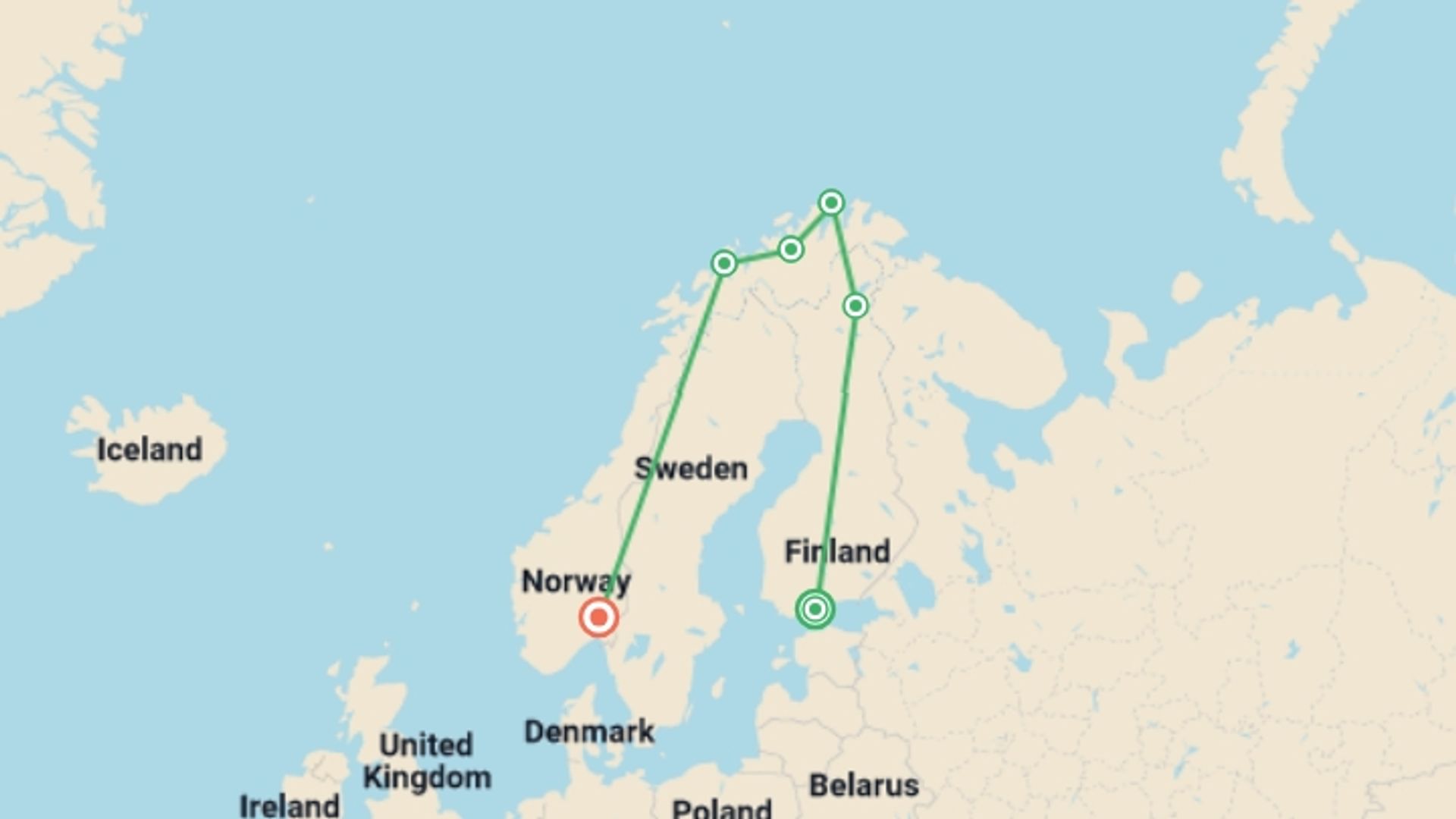 A map showing the tour itinerary for the trip: Northern Lights of Scandinavia - Small Group, starting in Helsinki, Finland and ending in Oslo, Norway going through 4 other destinations.